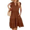 thumbnail image 3 of Women'S Summer Dress V Neck Short Sleeve Midi Sundress Flowy Tiered Beach Dresses with Pockets Caramel Color XXL, 3 of 9