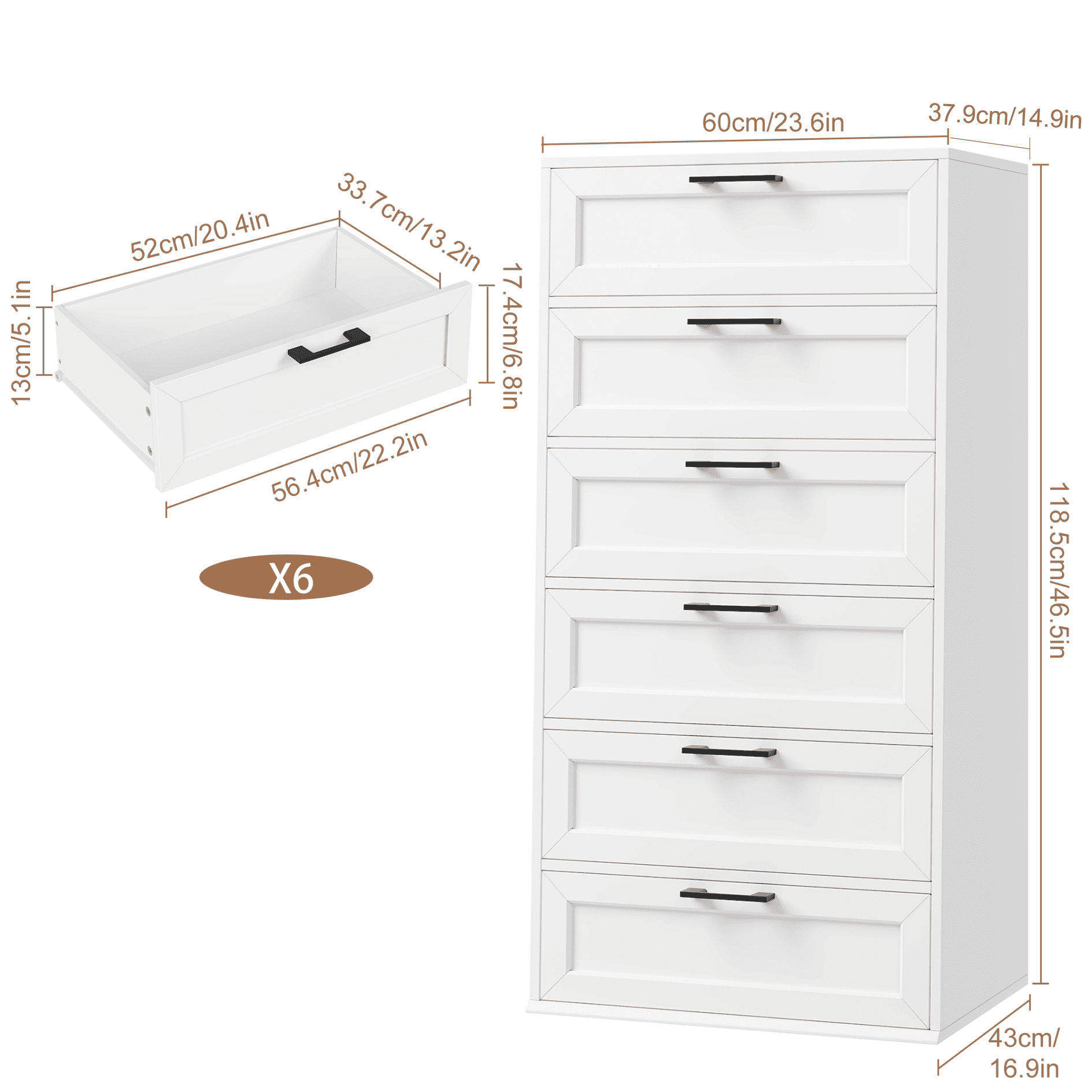 Homfa 6 Drawer White Dresser, Tall Chest of Drawer Dresser for Bedroom Living Room with Metal Handles
