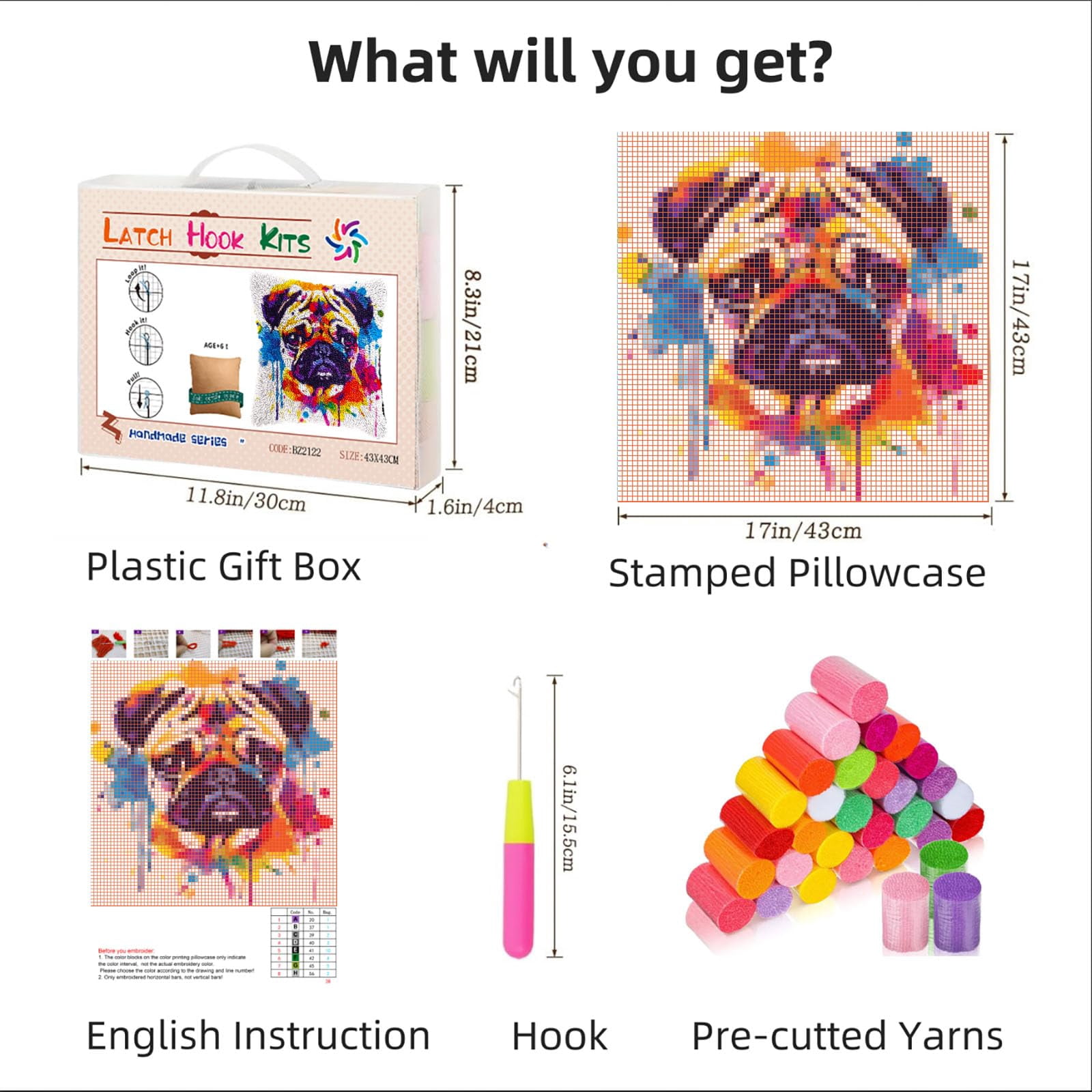 Watercolor Cute Pug Dog DIY Latch Hook Pillow Kits for Adults Printed Pillowcase Crochet Yarns Hooking Handmade Pillow Cover Cushion for Home Sofa Decoration 17x17inch(1)