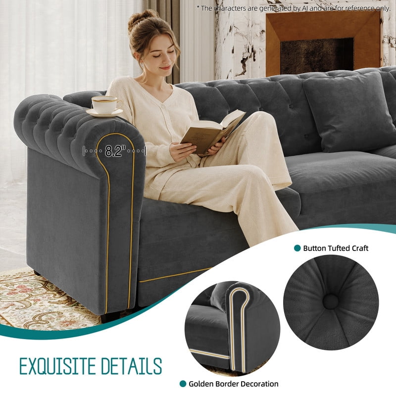 L-Shaped Chesterfield Sectional Sofa Set with Pull-Out Bed, Oversize Convertible Sleeper Sofa, Button Tufted Large Couch