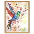 thumbnail image 1 of Hummingbird With Flower Patterns Folk Art Watercolour Painting Art Print Framed Poster Wall Decor 12x16 inch, 1 of 5