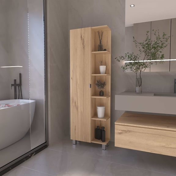 Living Room Cabinets, Portland 5-Shelf Linen Cabinet Light Oak, Primary Living Space Cabinets, Furniture Cabinets For Living Room,