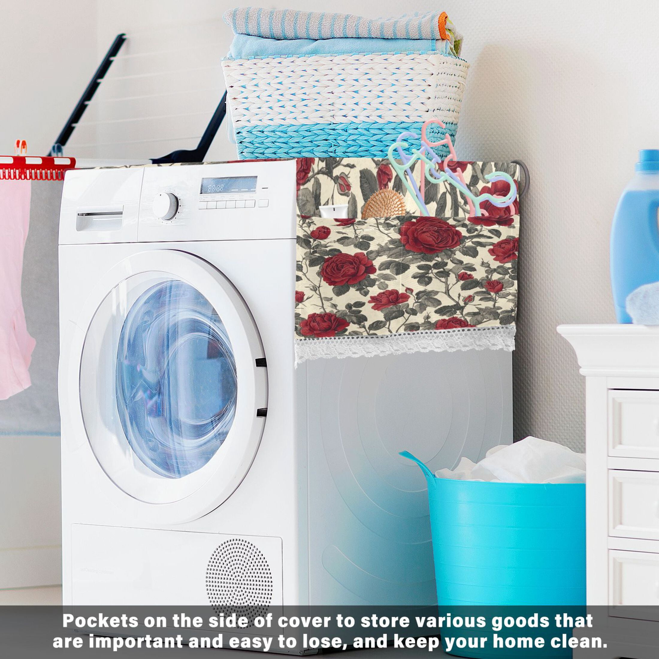 Red RoseWasher and Dryer Covers Dust-Proof and Oil Resistant Fridge Cover with 4 Storage Pockets Washing Machine Top Cover for Laundry Kitchen Home 51.2 x 22 In