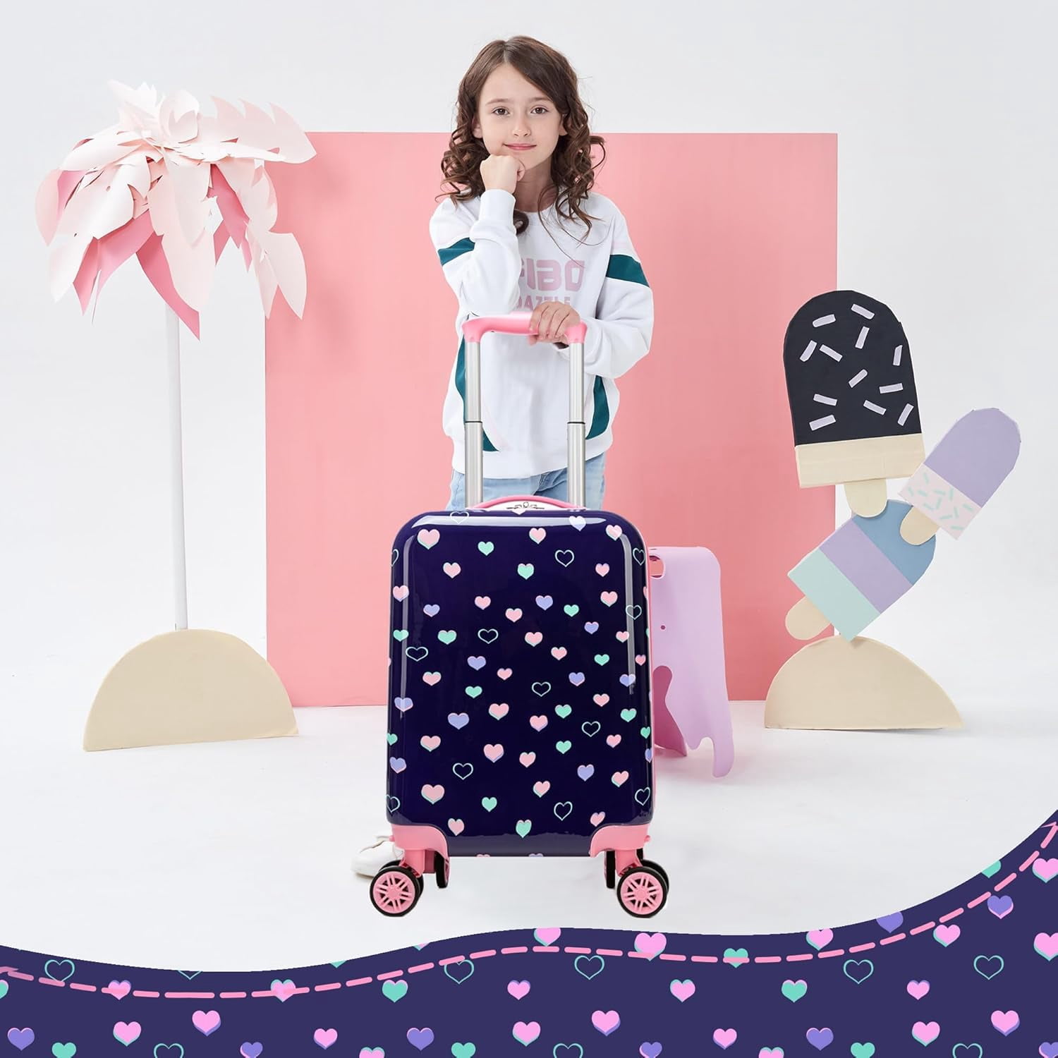 Kids Luggage Sets 5 Piece Suitcases with Wheels for Girls Women Hardshell Suitcase Set with Travel Pillow for Airplane Travel Essential