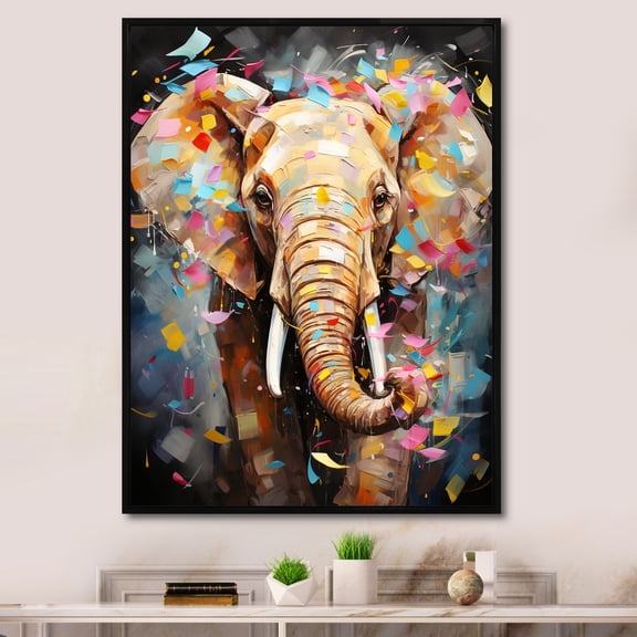 Designart "Pop Art Elephant Dreams" Animals Framed Wall Art - Traditional Grey Elephant Hallway Framed Wall Art Decor