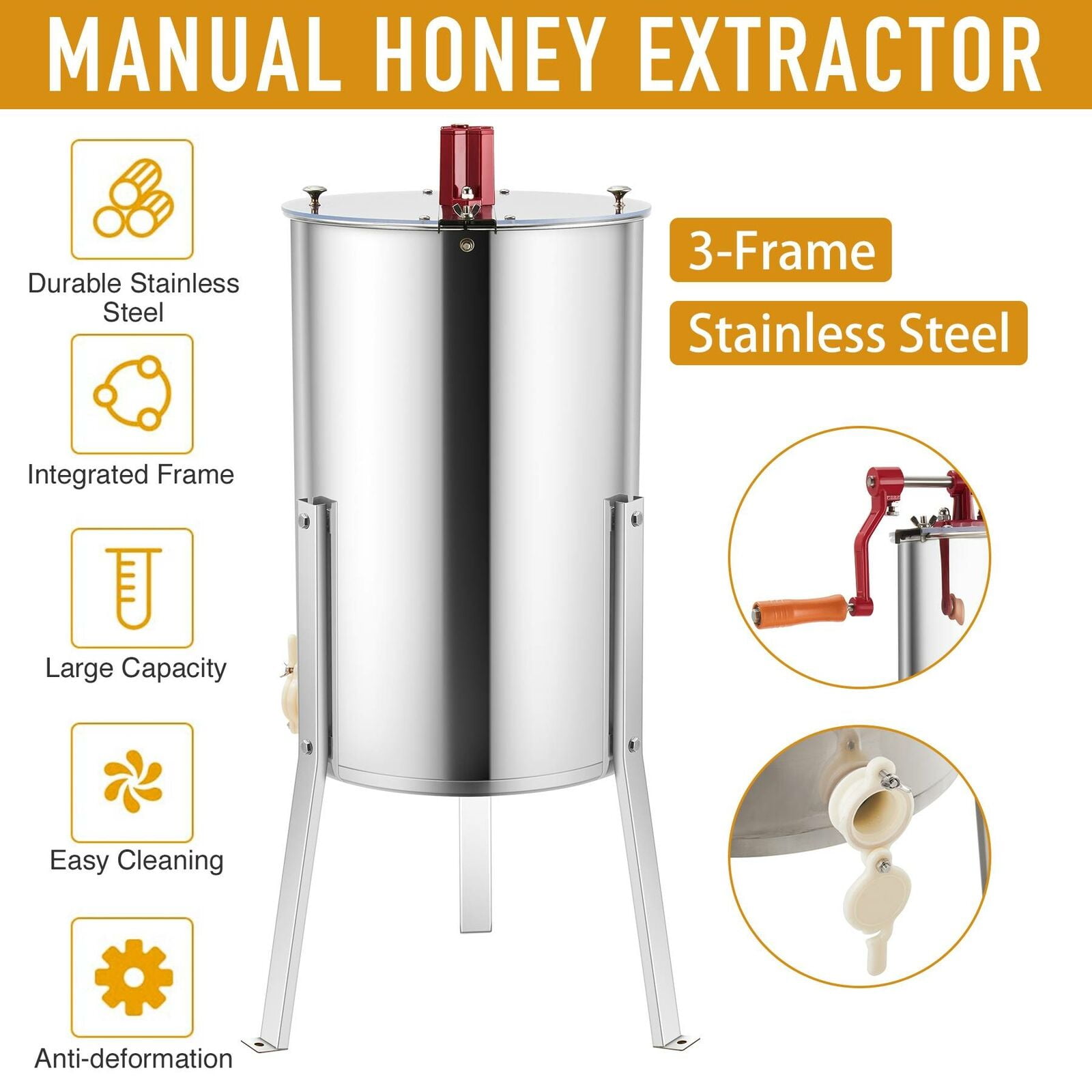 3Frame Manual Honey Extractor Spinner Drum 24" Hand Crank Beekeeping