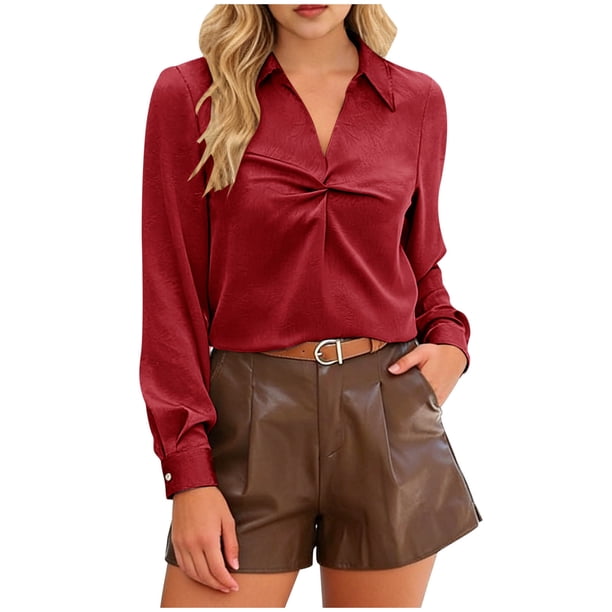Camisetas para Mujeres con Cuello en V Manga Larga Delantera Blusa de Color Sólido, Corbata Delantera Top Casual