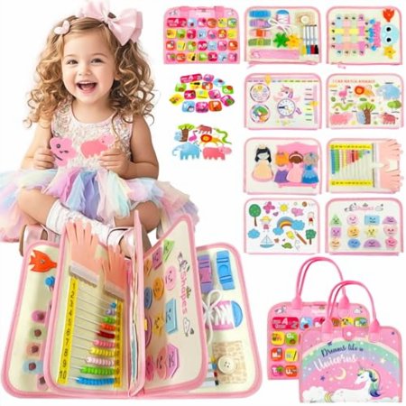 Toddler Busy Board Montessori Toys for Girl Birthday Gift Educational Learning Sensory Busy Book Airplane Car Travel Activities Toy for Girl(Pink)