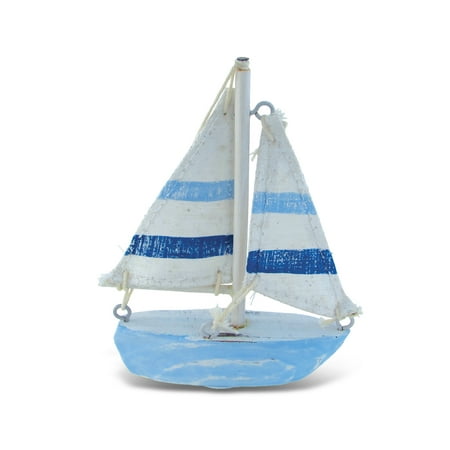 CoTa Global Blue Stripes X-Small Sailboat Replica Nautical Decor Quality Wooden Art Decorative Aquatic Ocean Theme Artistic Marine Decor Rustic Wood Small Ship Mini Fishing Boat w/ Jib &
