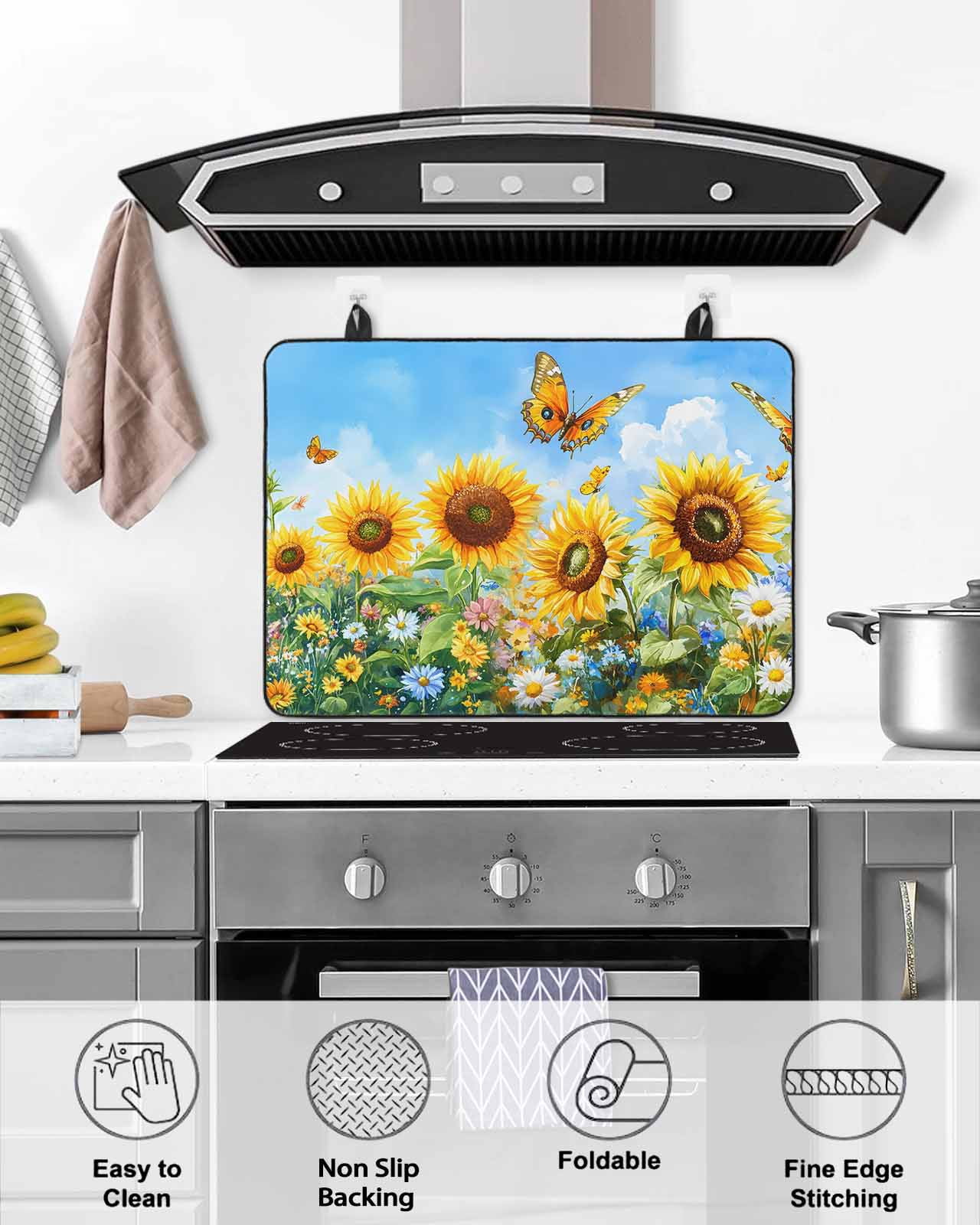 nqOlkjepod Large Induction Cooktop Protector Mat 24"x21", Yellow Sunflower Stove Top Covers for Electric Stove, Spring Floral Leaves Butterfly Pastoral Stove Burner Cover Mats, Glass Top Stove Cover