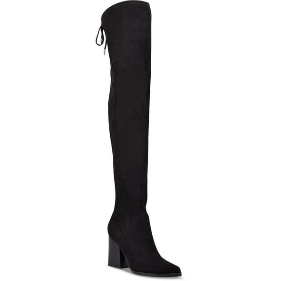 MARC FISHER Womens Black Tie Stretch Comfort Octavie Pointed Toe Block Heel Zip-Up Leather Dress Boots 5.5 M