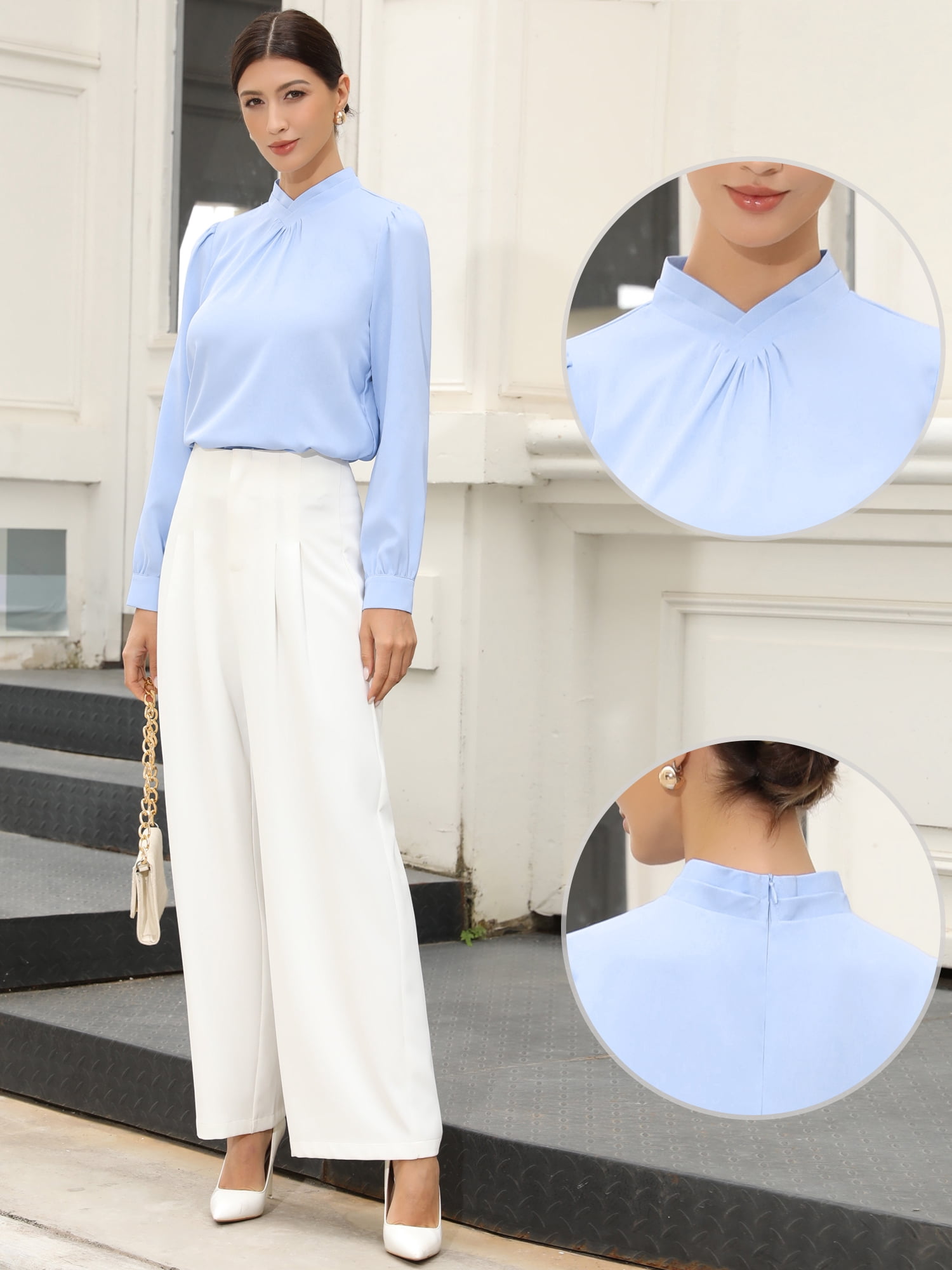 DARING DIVA Women's Work Business Pleat Mock Neck Puff Long Sleeve Blouse M Light Blue