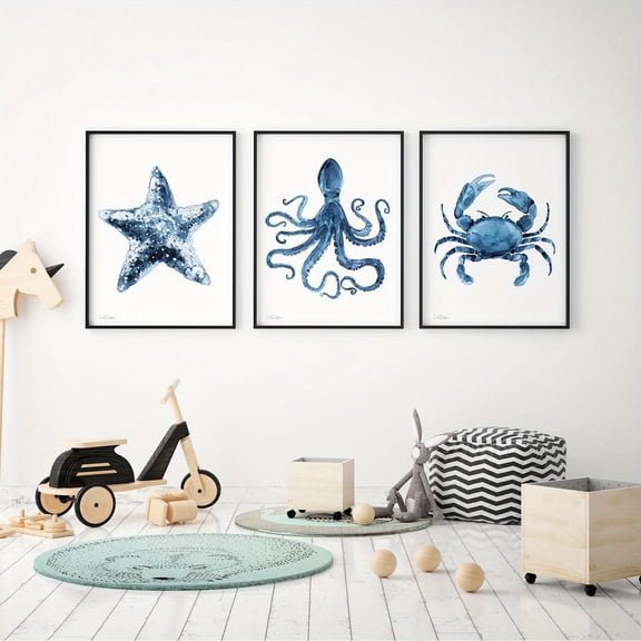 3pcs/ set Modern stylish wall decoration art set, starfish, octopus, crab, patterned canvas print poster, coastal wall art, navy blue painting, suitable for home office, living room, bedroom wall de