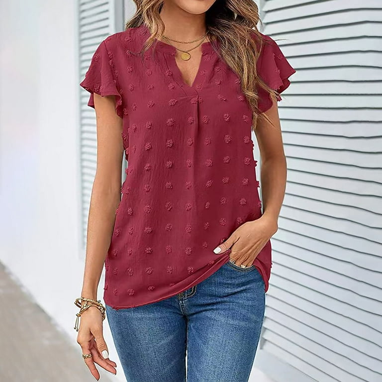 APEXFWDT Women Summer Tops 2024 Casual Dressy V Neck Ruffle Sleeve Flowy  Shirts Cute Solid Color Holiday Tunic Blouse