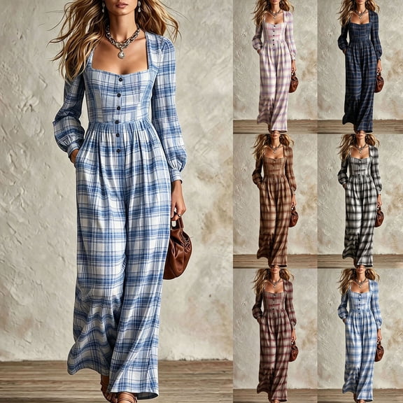 Aimik Womens Plaid Print Jumpsuits Long Sleeve Square Neck Wide Leg Jumpsuits with Pockets Fall Vacation Casaul Jumpsuit for Women