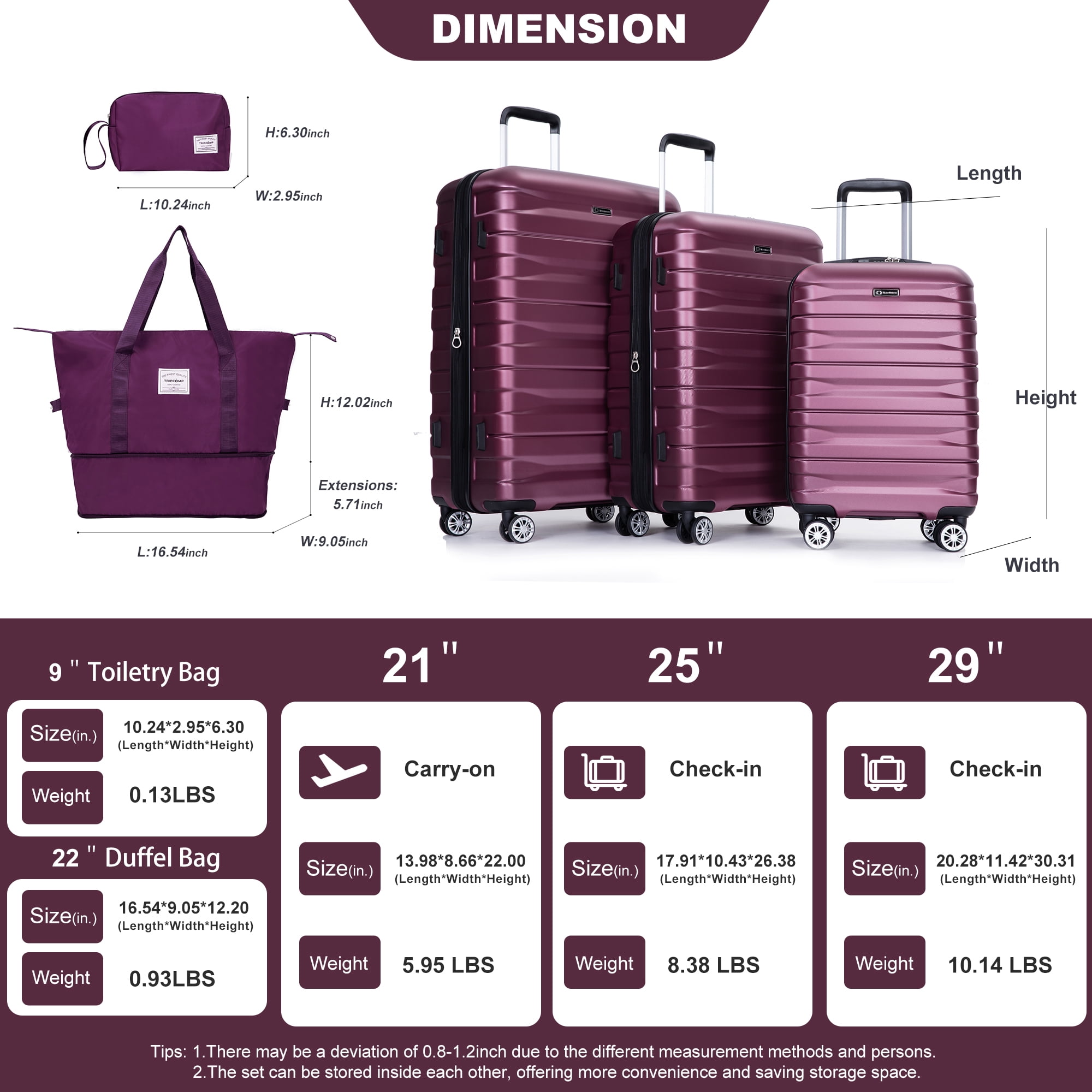 Tripcomp 5-Piece Hardside Luggage Set with Duffel Bag & Spinner Wheels, 20/24/28 Inch Lightweight ABS Suitcases with TSA Lock,Wine Red