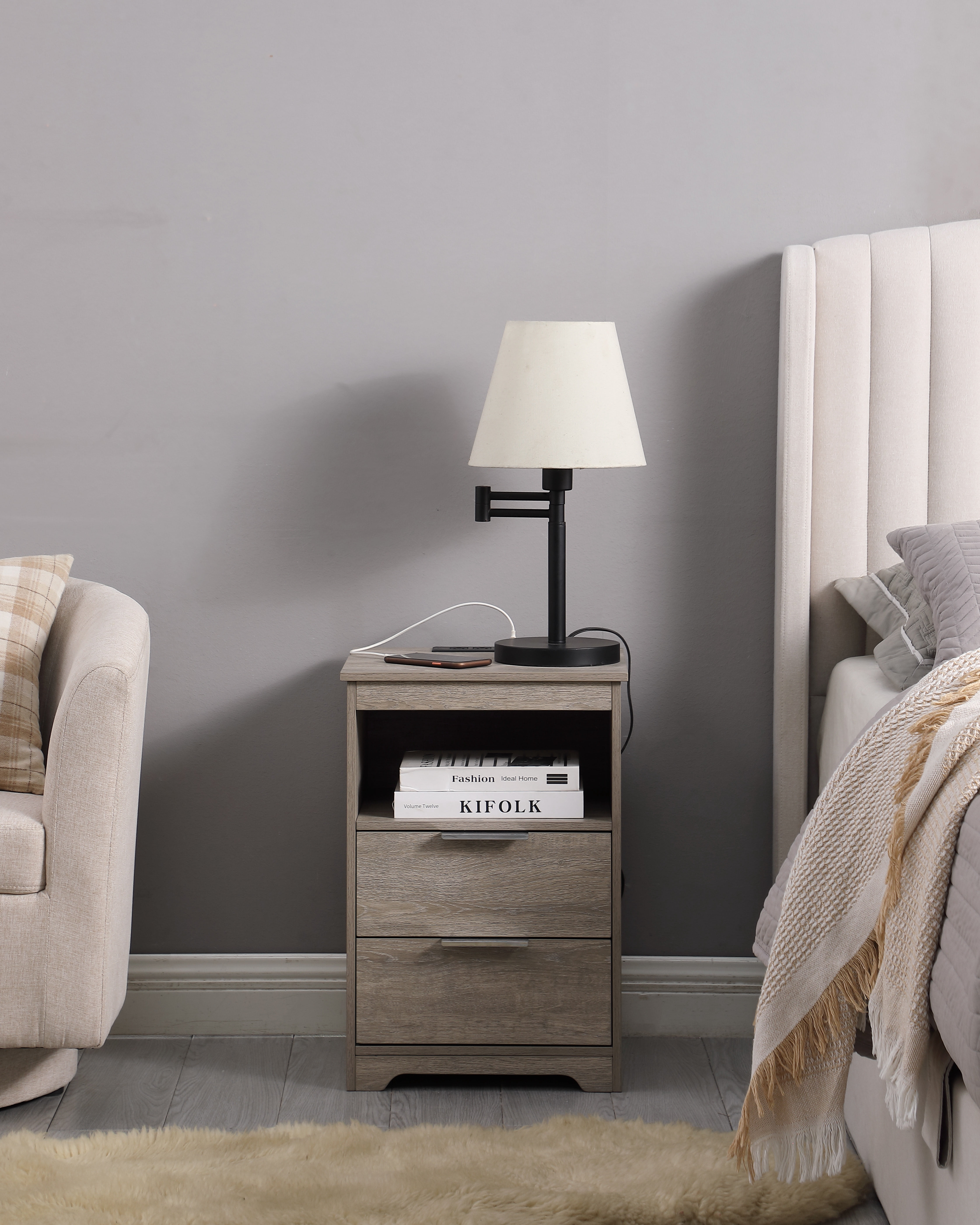 Nightstand with Charging Station,End Table with 2 Drawers,Wooden End Table with Drawer and Opening Shelf,Side Table for Bedroom, Gra