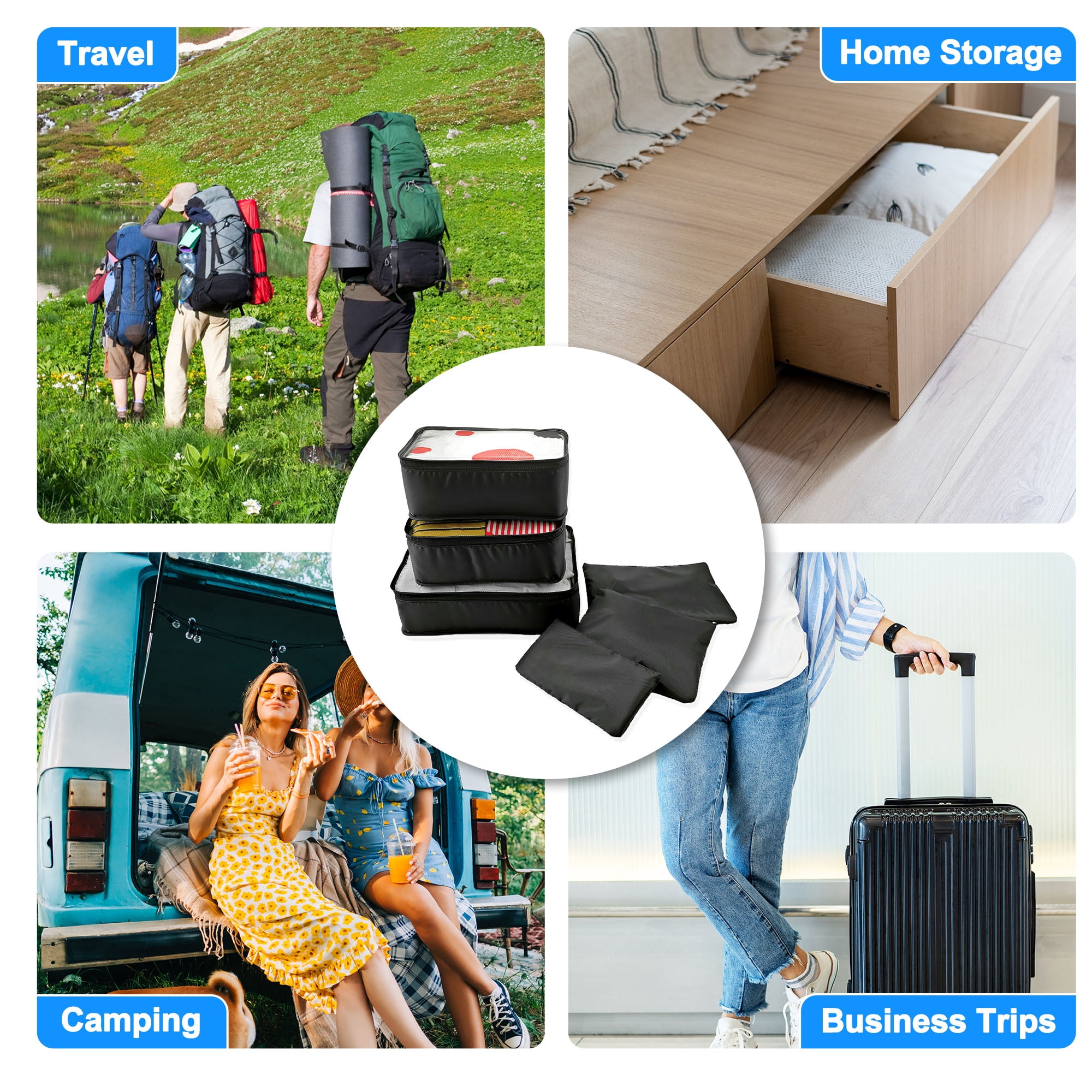 Unique Bargains 6Pcs Zipper Design Packing Cube Set for Luggage Black
