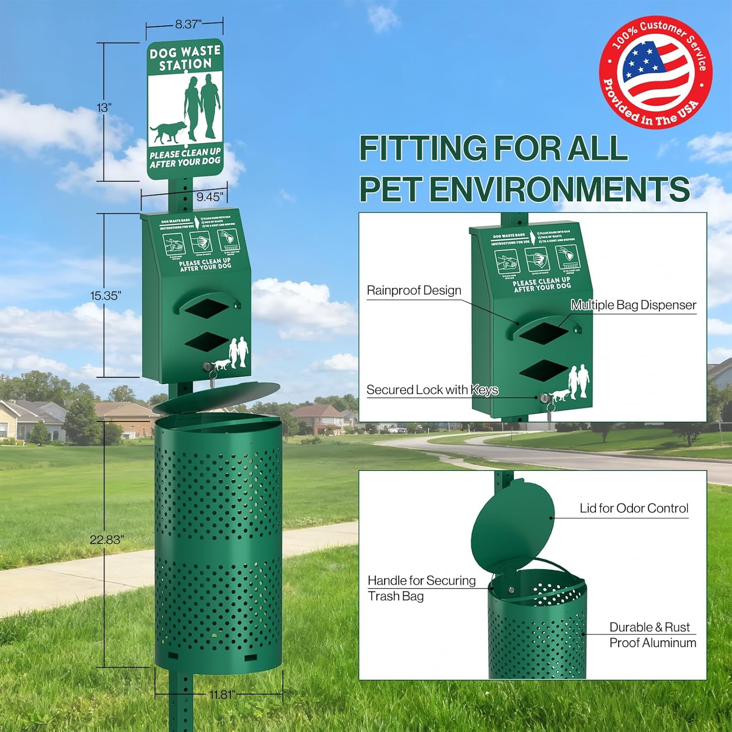 POCHAR Aluminum Rustproof Dog Waste Disposal Station for Pet Parks - 10 Gallon Outdoor Pet Poop Disposal Bin with Reflective Sign & Lid - Included 600 Pet Waste Bags (Green)