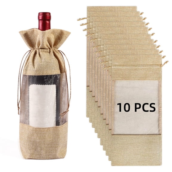 Wine Gift Bags, Jute Bottle Bags with Sheer Organza Window for Weddings, Festivals, 10 Pcs