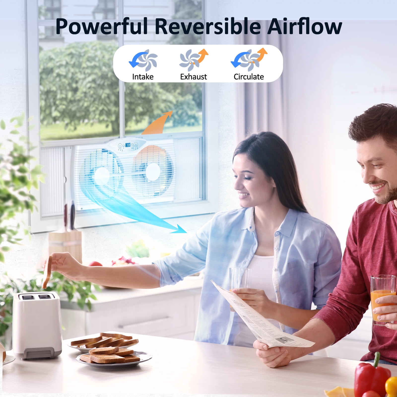 Shinic 9" Twin Window Fan with Thermostat, Reversible Airflow, 3 Speeds, Expandable Width 23.8"-37", ETL Listed