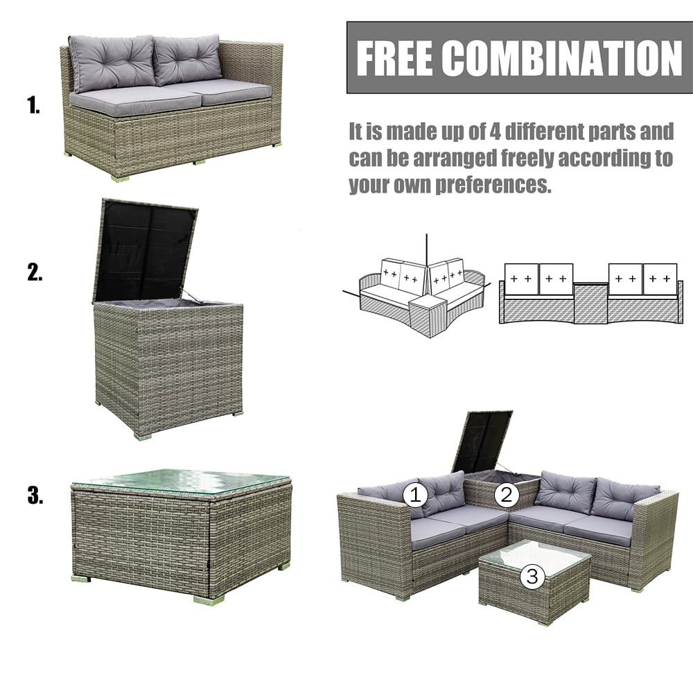 SEGMART 4 Piece Patio Furniture Set, All-Weather Outdoor Sectional Sofa Set, PE Rattan Conversation Set with Storage Box, Table & Cushions, Wicker Furniture Couch Set for Patio Deck Garden