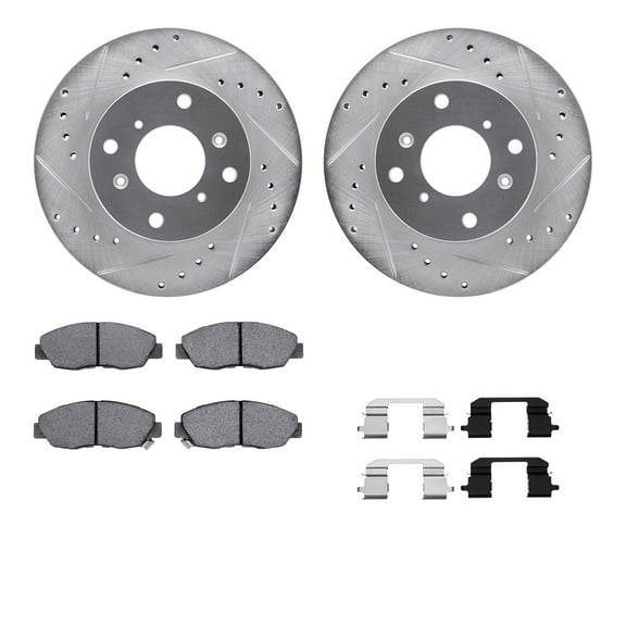 Dynamic Friction Company Front Brake Rotors-Drilled and Slotted-Silver with 5000 Advanced Brake Pads includes Hardware 7512-59026