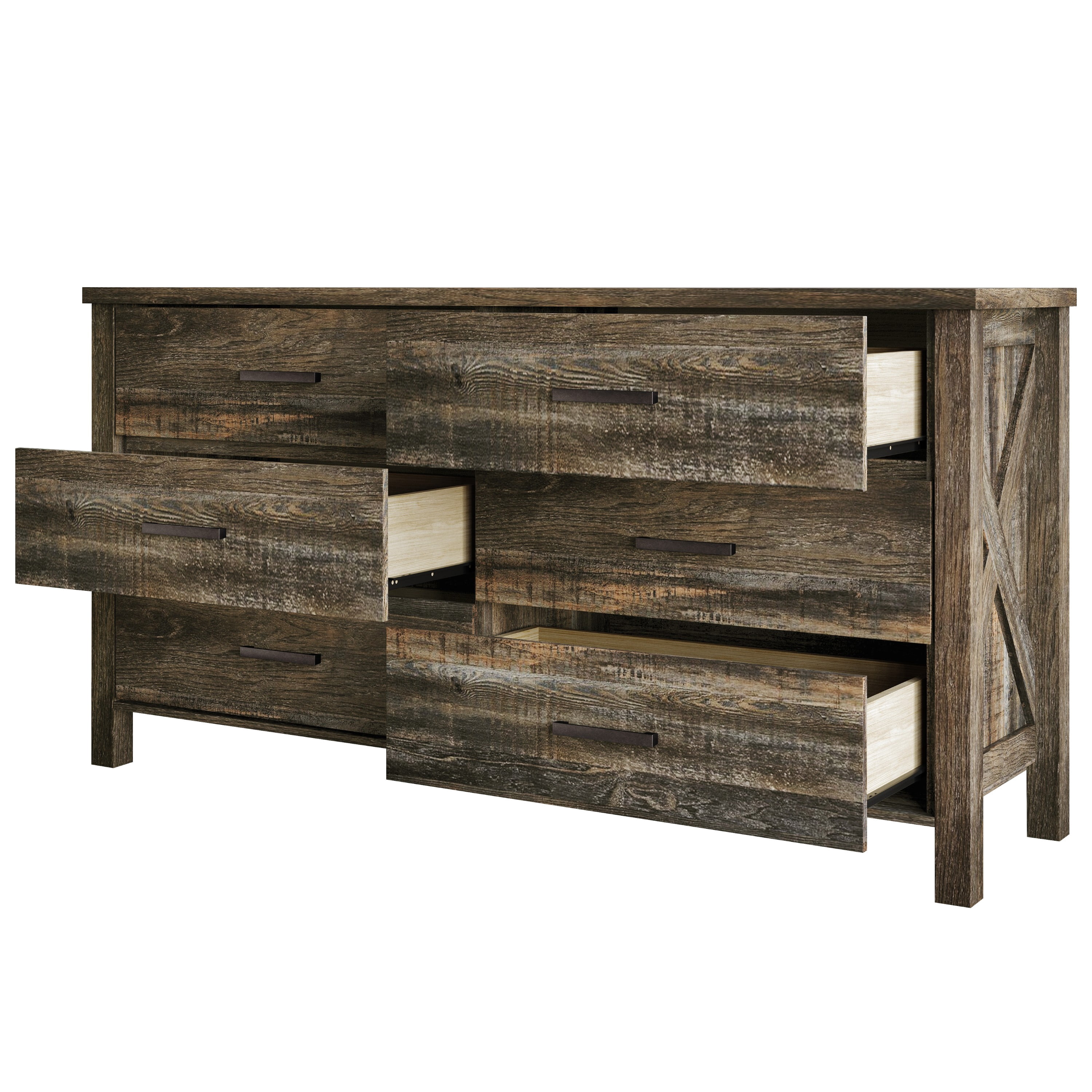 Home Design Niles 6-Drawer Dresser with X-Shaped Side Panels and Black Handles, Brown, Easy Assembly