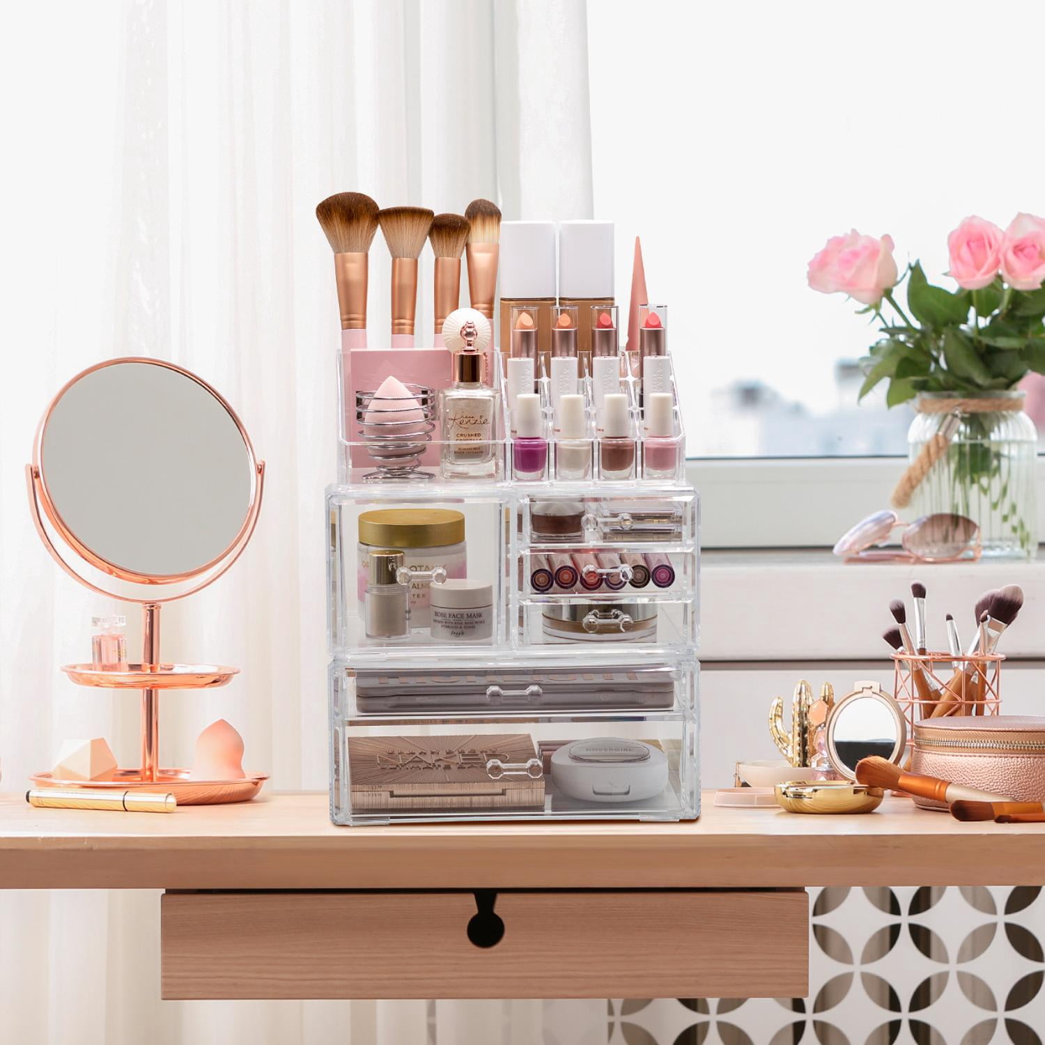 Sorbus Large Clear Makeup Organizer with 6 Drawers & 16 Slots, 3-Piece Detachable Storage