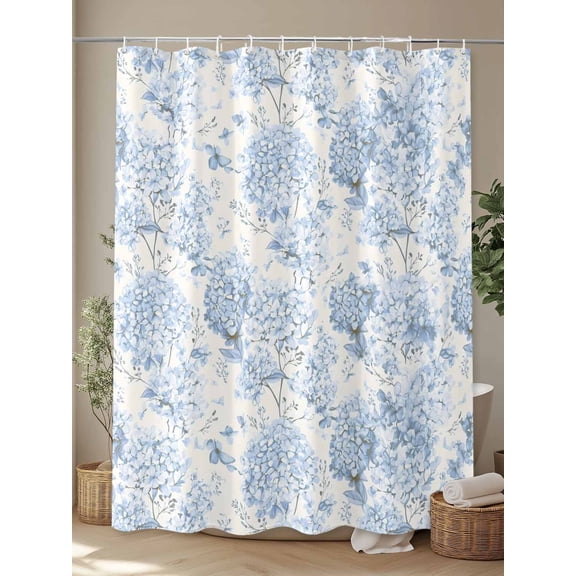 Shower Curtain, Blossoms Hydrangea Floral Waterproof Shower Curtain Set with Hooks for Bathroom Showers,Stalls and Bathtubs,72x72In Blue Flowers