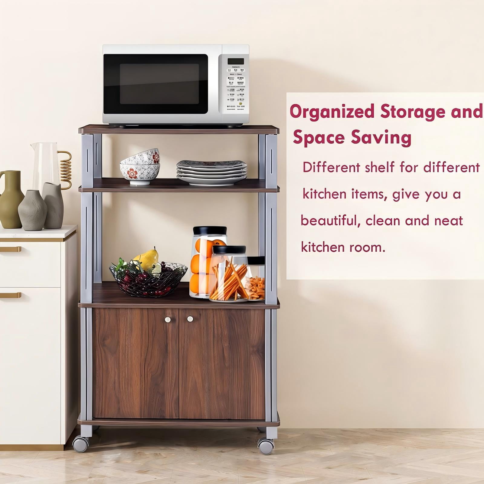 RUIE 3-Tier Microwave Stand with 2-Door Cabinet, Rolling Kitchen Storage Cart for Dining Room, Walnut