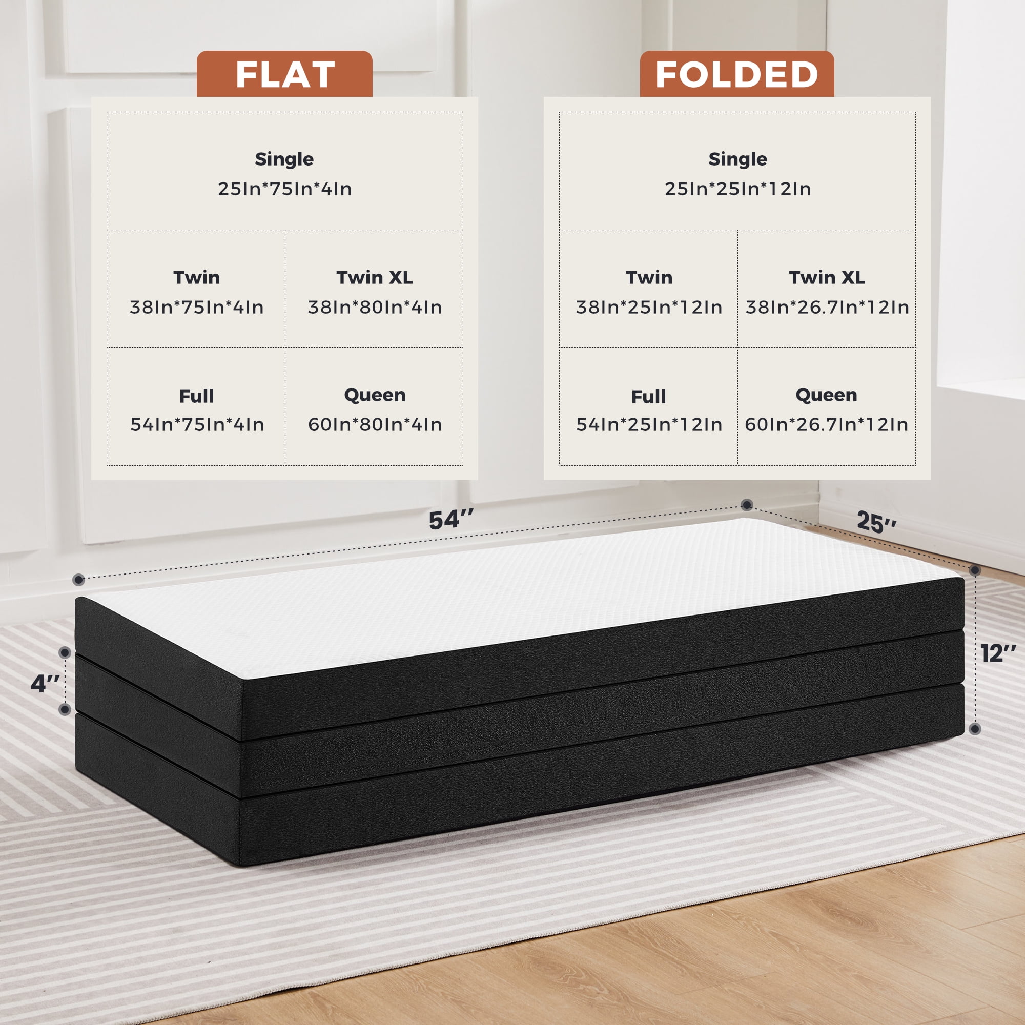 EDX Folding Mattress, 4 inch Tri-fold Memory Foam Mattress Topper for Camping, Foldable Mattress Topper with Washable Cover, Full Size, White, Perfect for Guests or Travelers