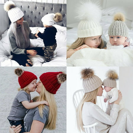 SUNSIOM Cute Mother Baby Knitting Pom Bobble Hat Winter Warm Beanie Knitted Matching
