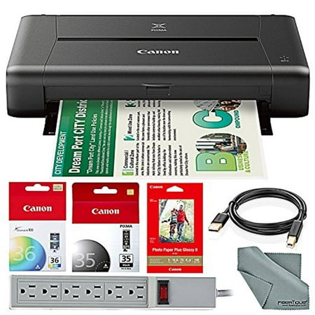 CANON PIXMA iP110 Wireless Mobile InkJet Printer w/ With Airprint(TM) And Cloud Compatible and 100 Sheet Photo Paper Accessory Bundle with 6-Outlet Strip + USB Cable + Fibertique