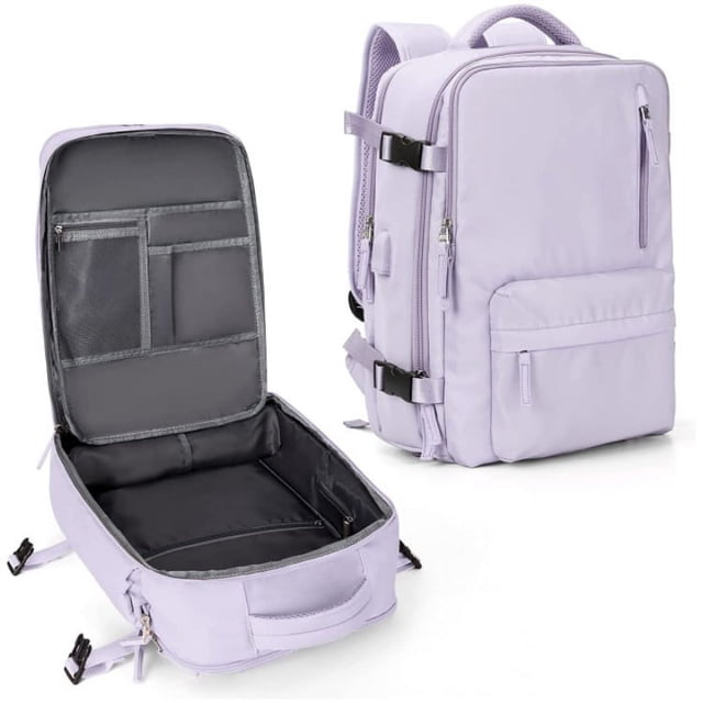 Maleta para Avión Cabina Equipaje de Mano 47x33x22 Mochila de Senderismo Mochila Impermeable para Portátil con Cargador USB(violeta claro)