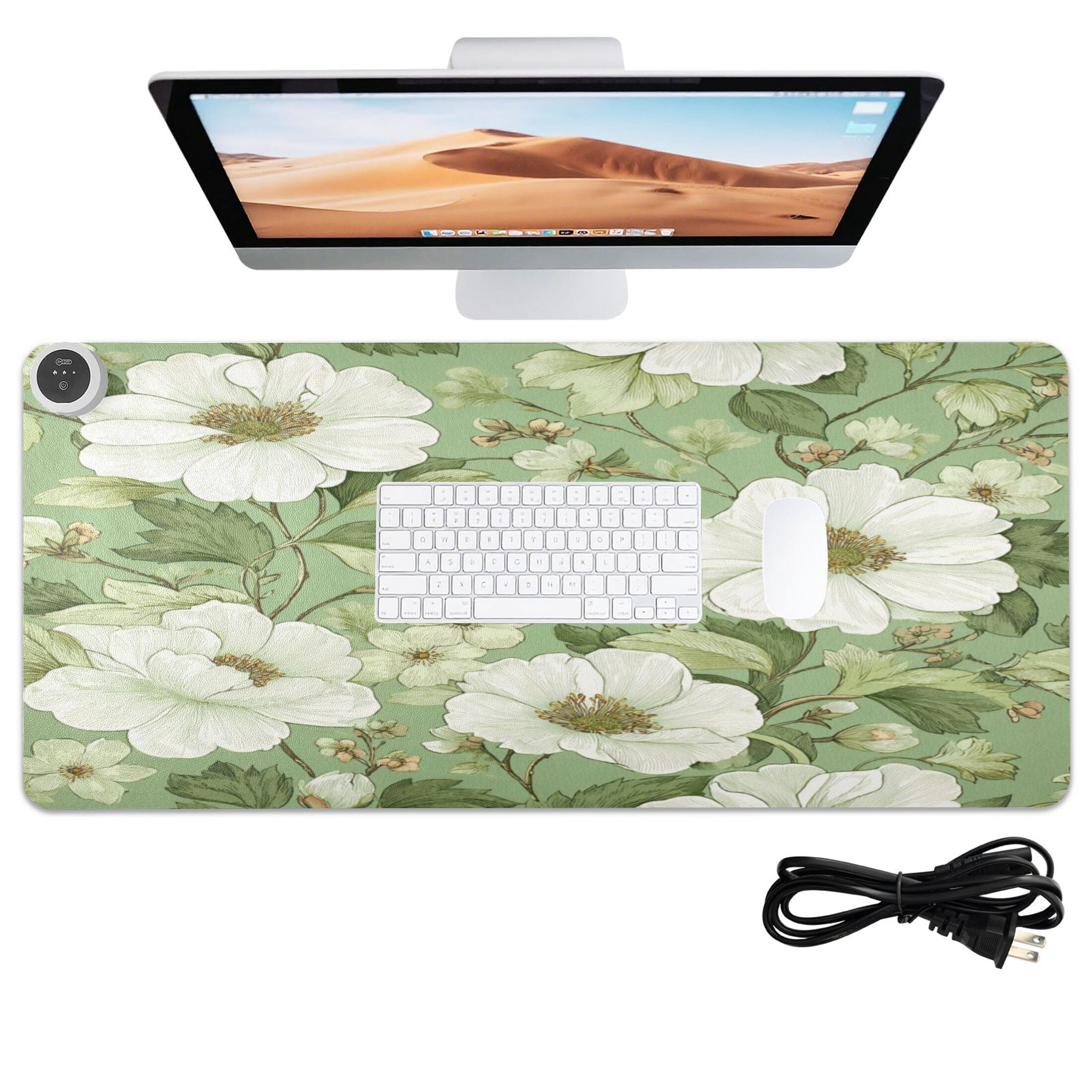 Large Heated Desk Mat Mouse Pad 31.5"x13"PU Leather Graphene Heating Desk Warmer with 3 Temperature Settings 110V US Plug Non-Slip Warm Pad for Home, Office, and Gaming Soft Green Floral Seamless