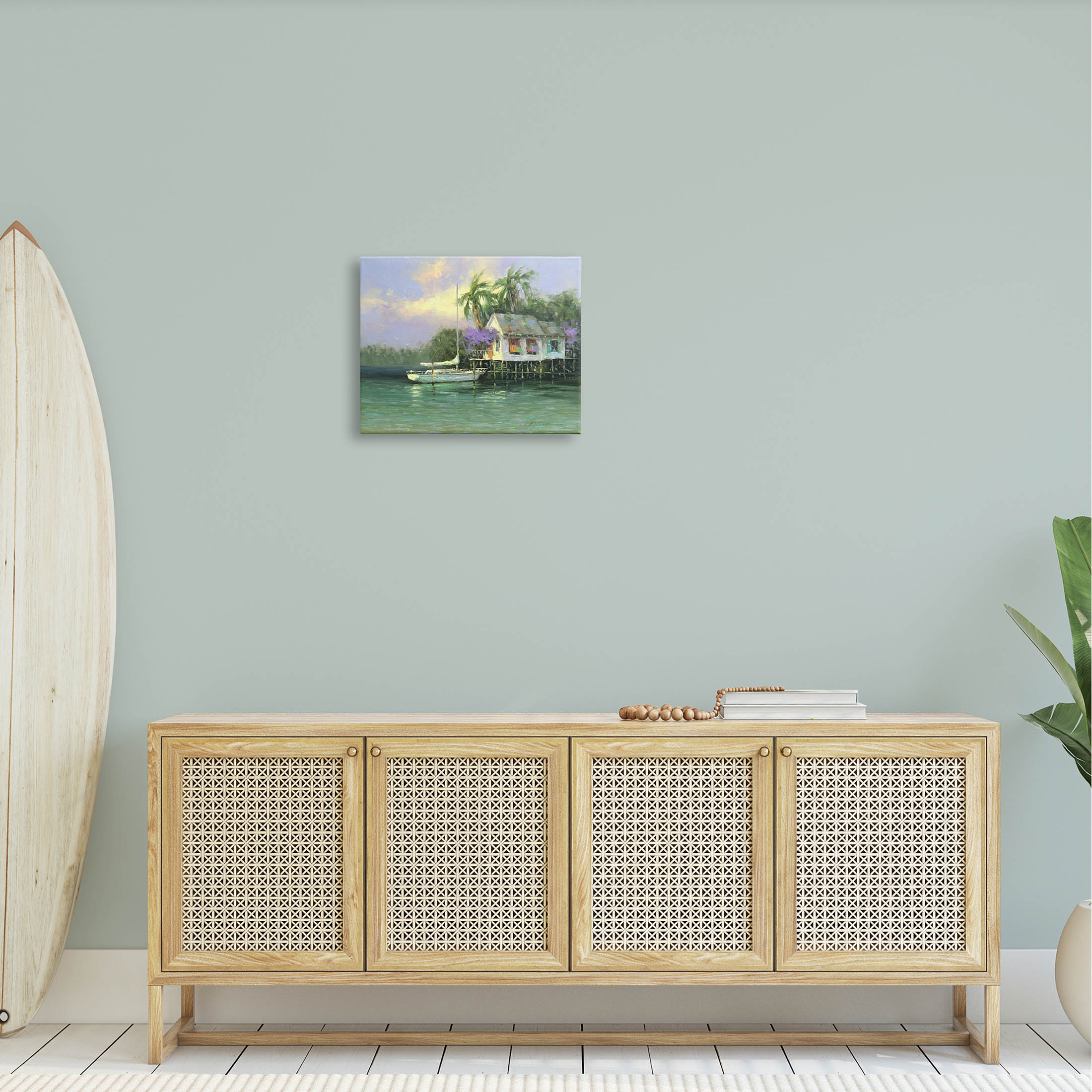 Summer Ocean Pier Palm Trees Landscape Painting Gallery Wrapped Canvas Print Wall Art