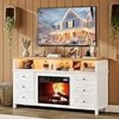 60 in Fireplace TV Stand for TVs up to 65 in, Electric Entertainment Center with 18 in Fireplace Insert, 6 Drawers, 2 Cabinets, Adjustable Shelves and LED Lights