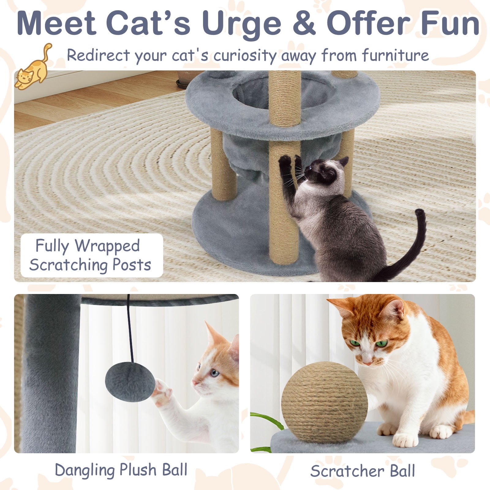 Gymax 48'' Tall Cat Towel w/Cat Nest Scratching Posts Ball Top Perch Hanging Ball