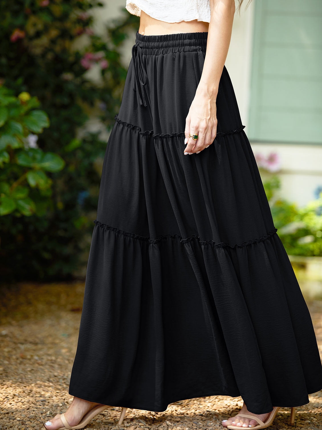 Womens Flowy Long Maxi Skirt Pleated Elastic High Waist Drawstring Tiered Skirts with Pockets