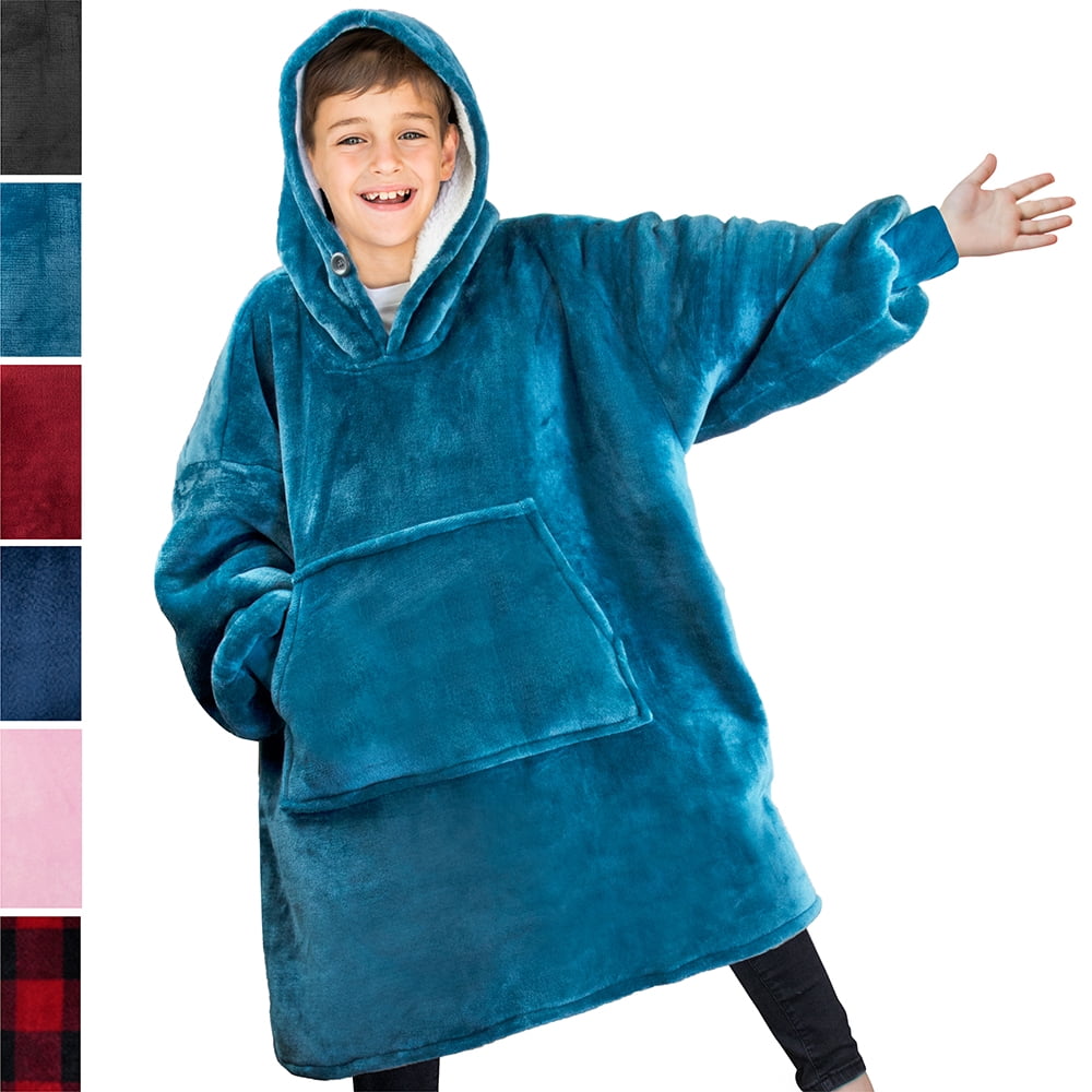 PAVILIA Premium Blanket Sweatshirt Blue Super Soft Warm Fleece Hoodie Blanket for Adults Men Women Girls Boys Kids Giant Hood Oversized Pullover with Pocket