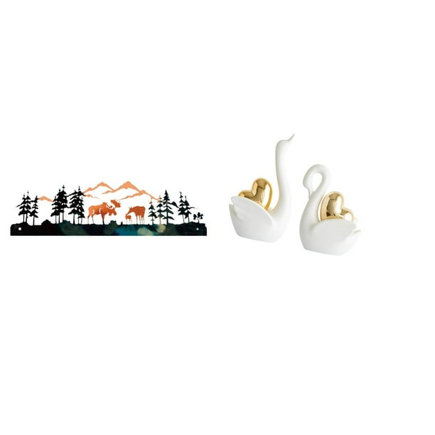 Conjunto de esculturas de pared que incluye flores de metal, escultura decorativa de pared, ciervo rústico tallado, arte de pared, estatuas de cisne d
