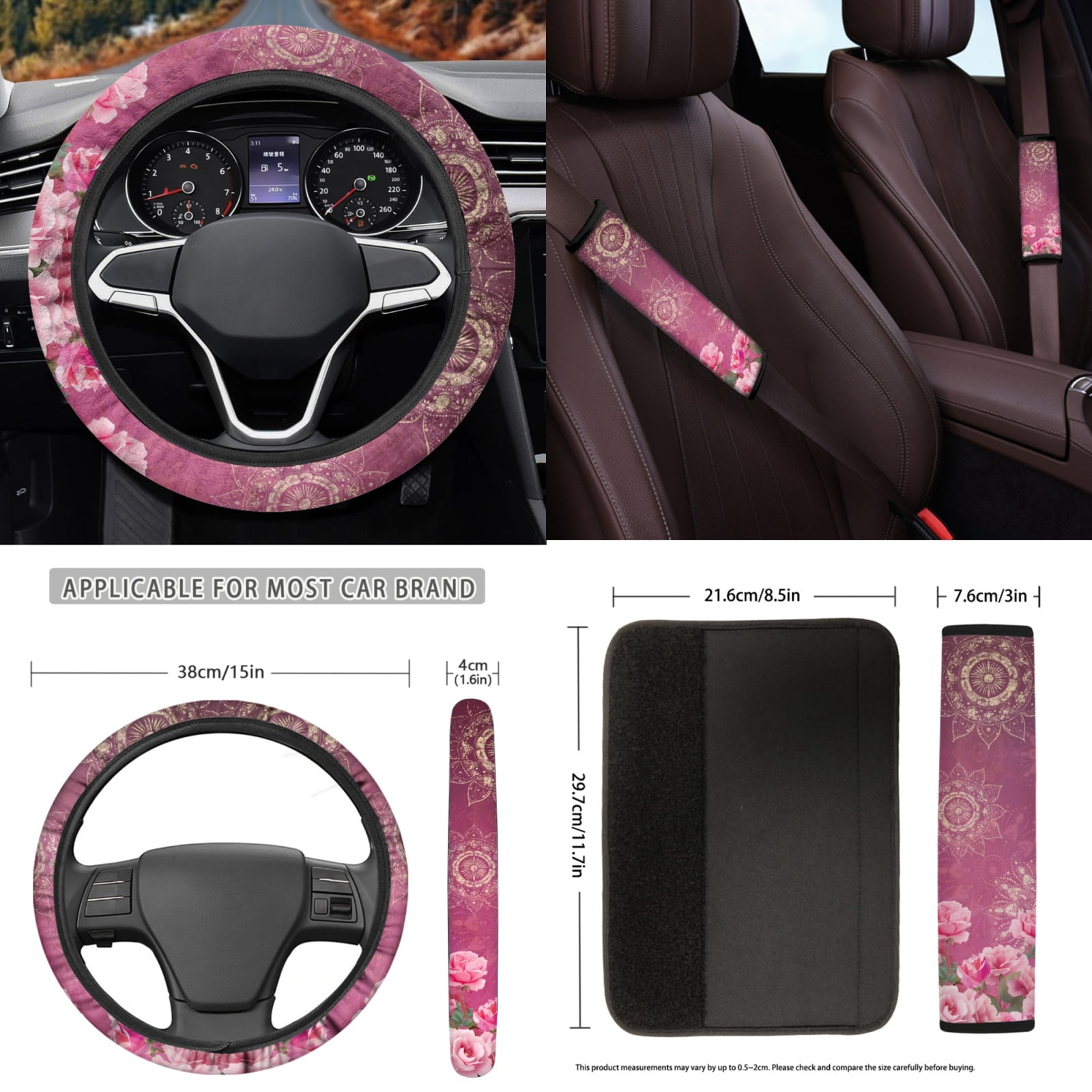 Yuyamidu Boho Flower Auto Seat Cover Set of 15 Pink Rose Car Floor Mats Steering Wheel Cover Seatbelt Pad Cup Holders Handbrake Cover Set for SUV Van Truck