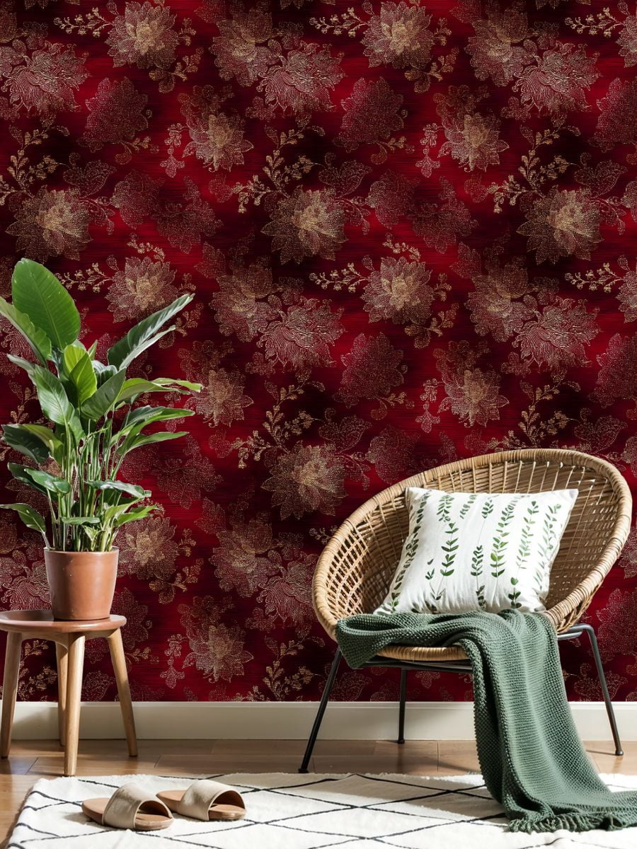 Vintage Peel and Stick Wallpaper Elegant Gold Floral Red Intricate Detailing Wall Mural 17.7in x 9.8ft Self Adhesive Removable Wall Paper Renter Friendly Wallpaper for Bedroom Livingroom Office