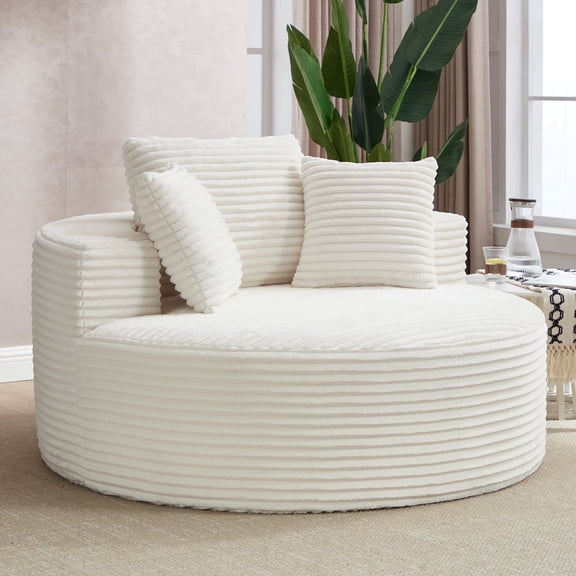 FIRSCOOK 55.9" Oversized Round Chair Lounge Chaise Indoor, Corduroy Cloud Sofa Chair, White