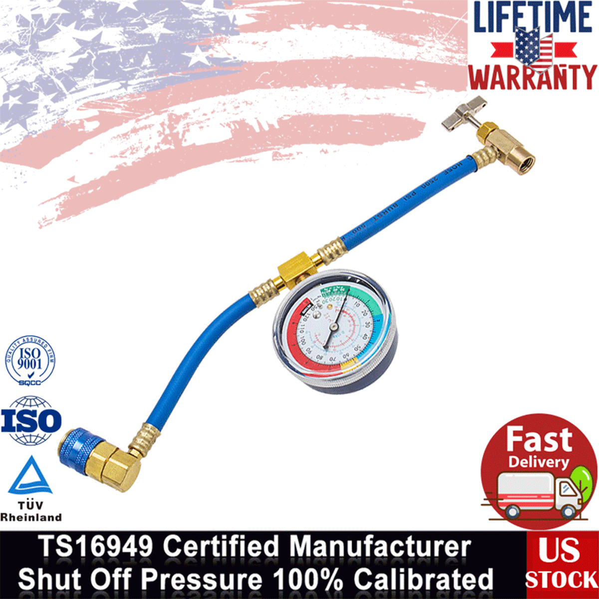 Auto Air Conditioning U Charging Hose Low Pressure Measuring Meter with 1/2 Acme Can Tap and R134A Quick Coupler Car R134A Refrigerant Recharge Kit 100PSI N / A JIFETOR AC Charge Hose with Gauge 