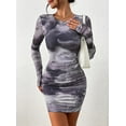 thumbnail image 5 of PRETTYGARDEN Women's Bodycon Mini Dress Tie Dye Print Ruched Mesh Long Sleeve Club Party Short Casual Dresses, 5 of 7