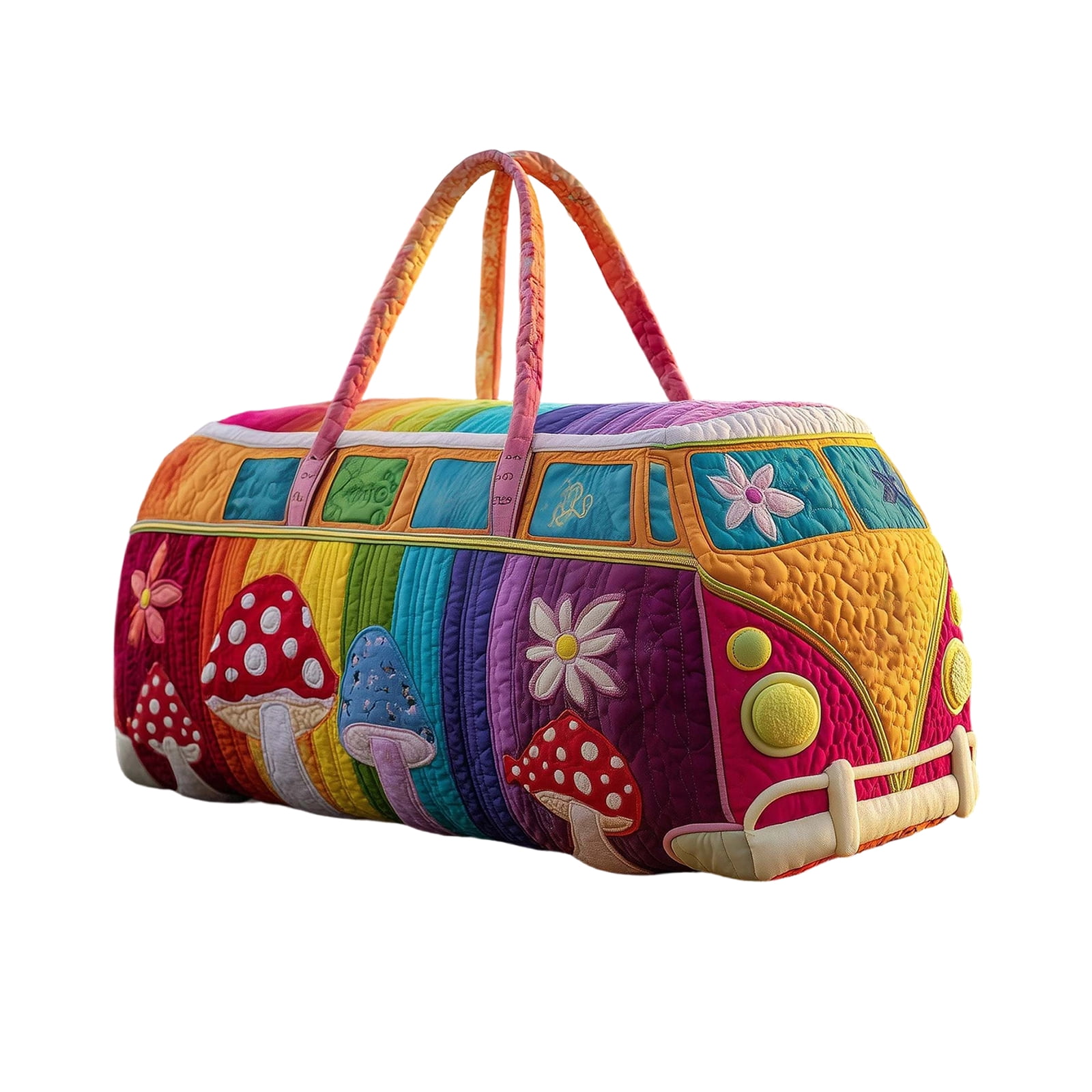 Quilted Hippie Van Duffle Bag with Adjustable Strap, Medium 18-inch Bohemian Weekender Bag for Travel, Durable Polyester Quilted Carryall for Gym Yoga Dance,A
