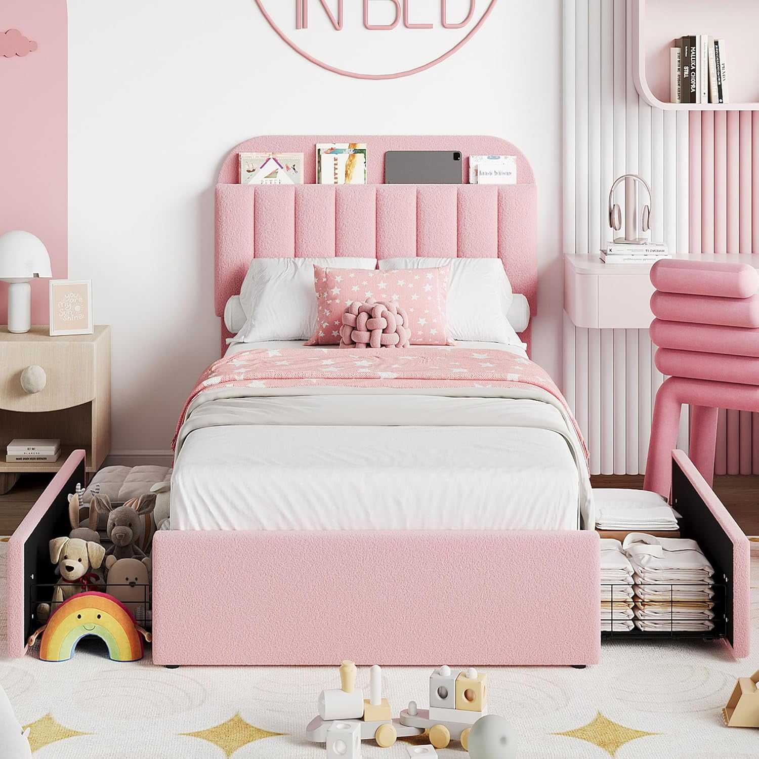 Twin Size Bed Frame with Storage Drawers & Bookcase Headboard, Boucle Platform Bed, Noise-Free, No Box Spring Needed, Pink