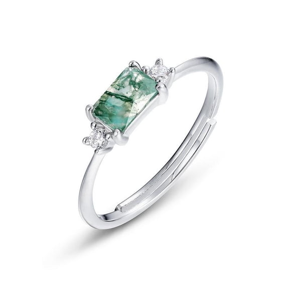 Rectangular Shape Lab Created Moss Agate Engagement Ring for Women in 925 Sterling Silver Unique Solitaire Wedding Anniversary Ring Elegant Gift Jewelry